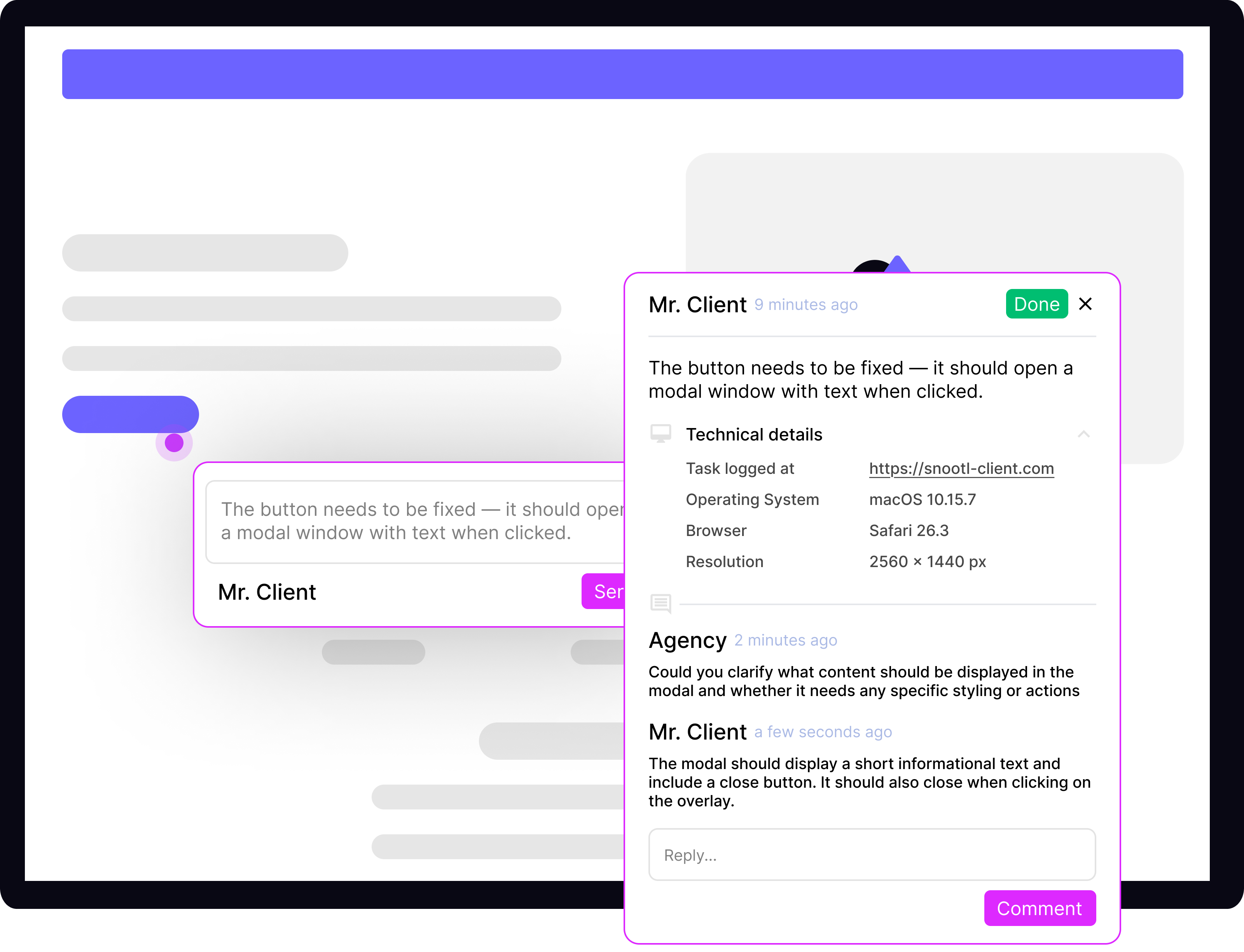 Snootl website feedback workspace with contextual tasks