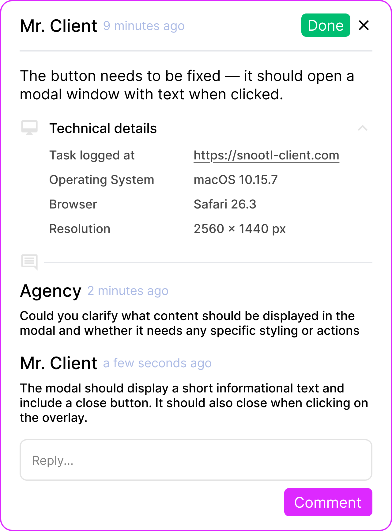 Client comment and team reply in the Snootl website widget